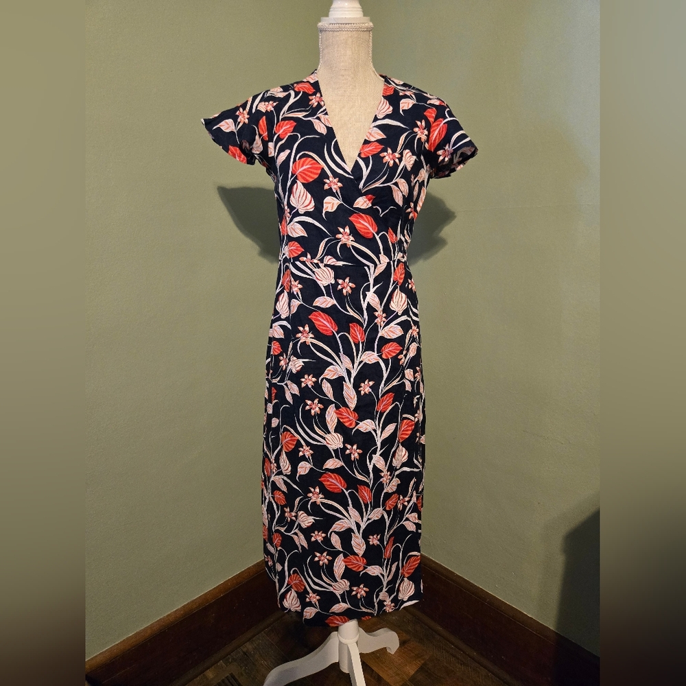 Draper James SIZE 6 Wrap Dress Summer Navy Orange Floral 100% Linen Woman's a1 - Picture 3 of 12